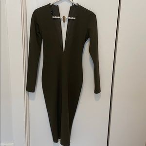 Low cut, fitted, olive green dress